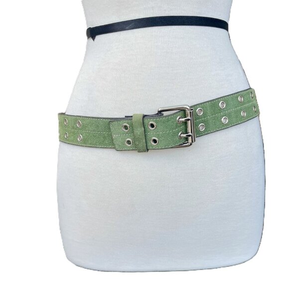 Y2K Vintage Green Suede Leather Grommet Buckle Belt S - Picture 2 of 5